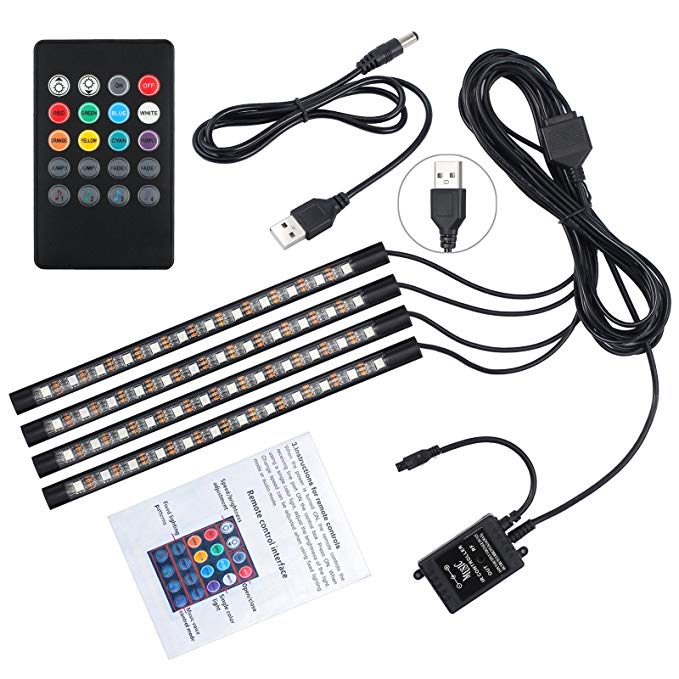 Justech Car LED Strip Lights 4PCS 48LEDs Multicolor Music Car Interior Atmosphere Lights RGB SMD 48 LED Car Mood Lights with Sound Active Function and Wireless Remote Control for Car TV Home-USB Port