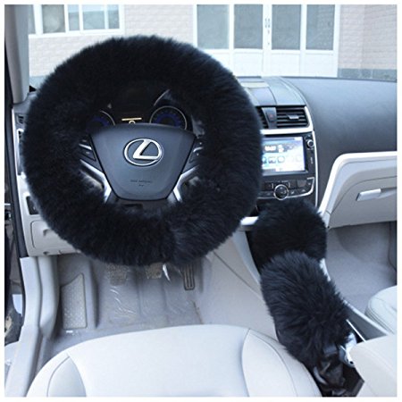 Uarter Winter Warm Faux Wool Steering Wheel Cover with Handrake Cover & Gear Shift Cover for 14.96" X 14.96" Steeling Wheel in Diameter 3 Pcs 1 Set