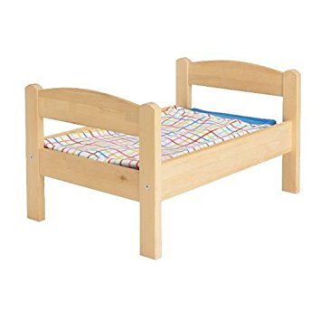 Ikeas DUKTIG Doll bed with bedlinen set, pine, multicolor