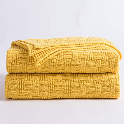 Longhui bedding Cotton Yellow Knit Throw Blanket for Couch Sofa Beach Chair Bed Home Decorative Soft Warm Cozy Cable Lightweight Knitted Blankets,Gold Color 50 x 60 Inch