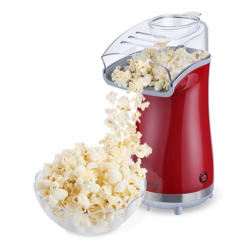 Excelvan Air-pop Popcorn Maker Makes 16 Cups of Popcorn, Includes Measuring Cup and Removable Lid (Red)