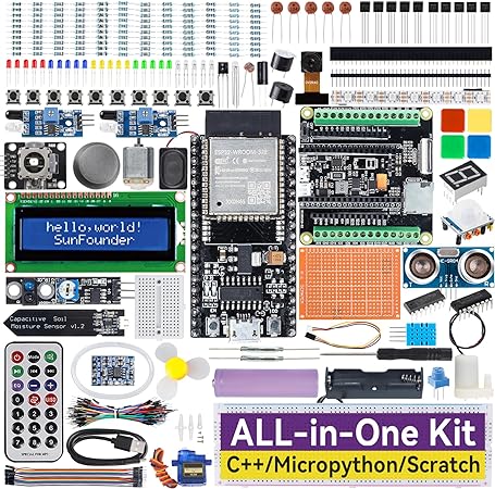 SunFounder ESP32 Ultimate Starter Kit (Compatiple with Arduino) Pinout Board with ov2640 ESP32CAM, WiFi, Python C Scratch, IoT for Beginners Engineers (ESP32-WROOM-32E Board & Battery Included)