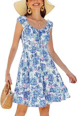 GRACE KARIN Women's Floral Dress 2024 Summer Cap Sleeve Smocked Flowy A Line Short Dress Boho Flared Swing Mini Dresses