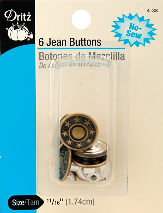 No-Sew Jean Buttons 5/8" 6/Pkg-Antique Brass