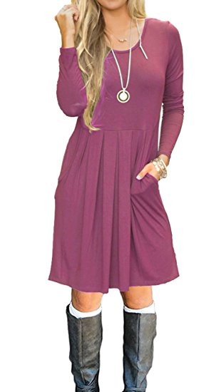 AUSELILY Women's Long Sleeve Pleated Loose Swing Casual Dress With Pockets Knee Length