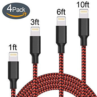 Lightning Cable,ONSON Charger Cables 4Pack 1FT 3FT 6FT 10FT to USB Syncing and Charging Cable Data Nylon Braided Cord Charger for iPhone 7/7 Plus/6/6 Plus/6s/6s Plus/5/5s/5c/SE and more-BlackRed