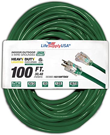 100 ft Extension Cord 10/3 SJTW with Lighted end - Dark Green- Indoor / Outdoor Heavy Duty Extra Durability 15 AMP 125 Volts 1875 Watts ETL Listed - by LifeSupplyUSA