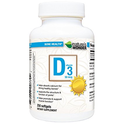 Nature's Wonder Vitamin D3 50mcg (2000IU) Soft Gels, 250 Count