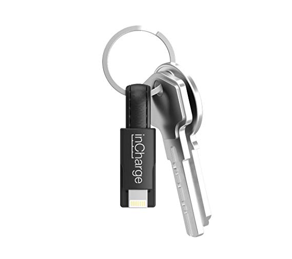 inCharge Dual 2in1 Ultra Portable Charging/Sync Keychain Cable Compatible with Apple iPhone/iPad/airPods and All Android microUSB Devices (PU-Leather-Black)