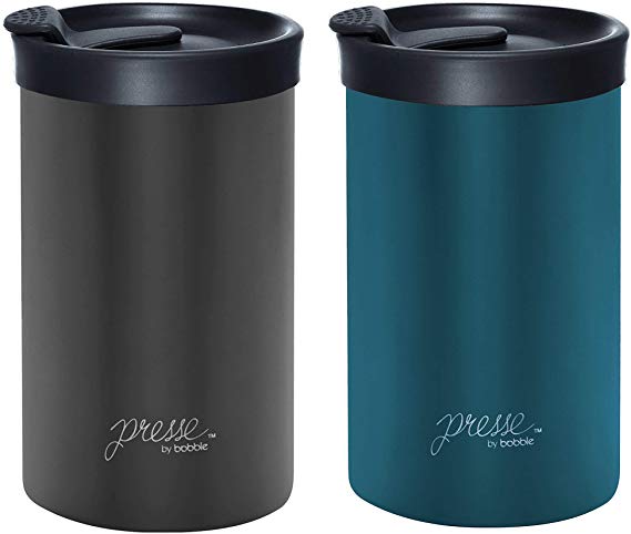 PRESSE Coffee Press   Travel Tumbler 13oz | Brew and go in 3 minutes - Stainless Steel, Dishwasher safe, Triple Layer Insulation - (2 PACK) (Peacock/Gun Metal)