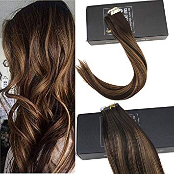 Sunny 14inch Tape in Hair Extensions Human Hair 20pcs 50g Two Tone Color#2 Fading to Dark Brown Mixed Honey Blonde Colorful Highlight Balayage Seamless Tape in Human Hair Extensions