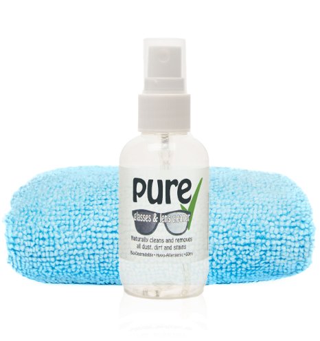 The Pure Glasses and Lens Cleaning Kit (60ml) - contains only Eco-Friendly, Bio Degradable and Hypo Allergenic ingredients. NO alcohol or artificial chemicals. Naturally removes all dust, grease, marks and stains from Glasses, Sun Glasses, Reading Glasses, Camera Lens and Spectacles without harming the coating.