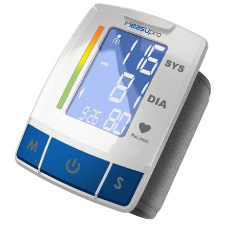 MeasuPro Automatic Wrist Blood Pressure Monitor Portable Device with Heart Rate Indicator Two User Modes Memory Recall and Large Easy Read Backlit LCD Display