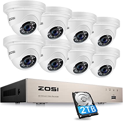 ZOSI H.265  8CH 5MP PoE Home Security Camera System with 2TB HDD, 5MP/2K  8-Channel NVR and 8pcs Wired 5MP Indoor Outdoor PoE IP Surveillance Cameras with 80ft Night Vision,Motion Alert,Remote Access