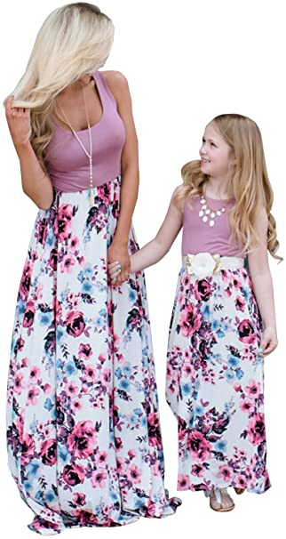 Mommy and Me Dresses Casual Floral Family Outfits Summer Matching Maxi Dress