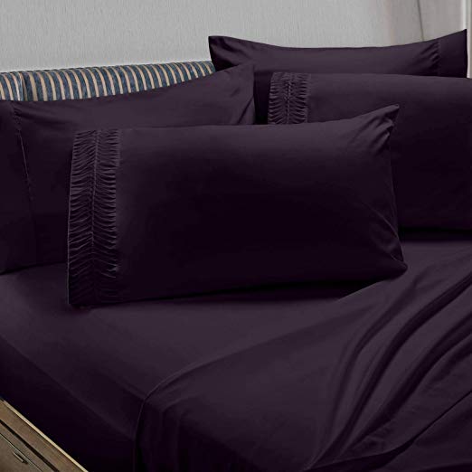 Clara Clark 6-Piece 100% Soft Brushed Microfiber Bedding Set Luxury Pleated Pillowcases, Cool & Breathable, 6 PC Sheets, Queen, Eggplant