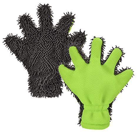 Fontic 5-Finger Dual Wash Mitt,Microfiber Interior & Exterior Cleaning Glove for Car and Motorbike Washing Drying Towels Kitchen Clean Window Cleaning Five Finger Gloves Color in Grey/Green