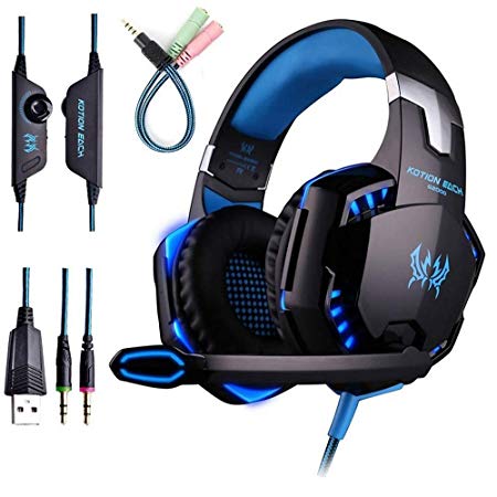 KOTION EACH G2000 PC Game Headset for Xbox Gaming Headset with Mic Earphone Headband,Volume Control Stereo Bass,Glowing RGB LED Light for PS4,PC,X1,Wired Gaming Headset for Women Men Kids-Black Blue