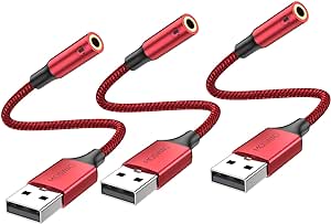 MOSWAG USB to 3.5mm Jack Audio Adapter,USB to Aux Cable with TRRS 4-Pole Mic-Supported USB to Headphone AUX Adapter External Sound Card for PC PS4 PS5 and More (0.65Ft/20cm(3pack), Red)