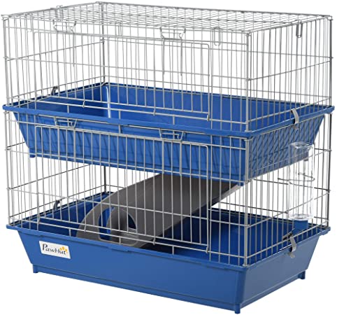 Pawhut Double Tier Small Animal Cage Rabbit Guinea Pig Chinchillas Cage w/Ramp Food Dish Water Bottle Deep Trays Pet Home 72 x 44 x 67 cm