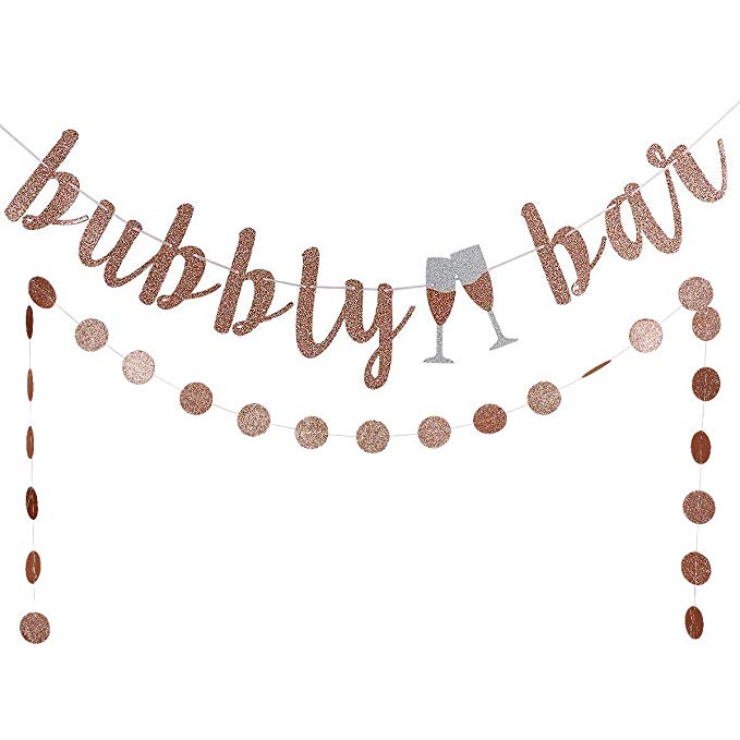 Rose Gold Glittery Bubbly Bar Banner and Rose Gold Glittery Cicle Dots Garland -Bachelorette Bridal Shower Engagement Wedding Party Decorations
