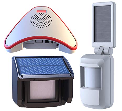 HTZSAFE Solar Wireless Driveway Alarm System-Includes 1 Alarm Receiver, 1 Outdoor Motion Sensor, 1 Indoor Motion Sensor-Solar Powered No Need Replace Batteries-1/4 Mile Long Transmission Range
