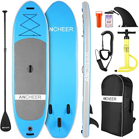 ANCHEER Inflatable 10"×32"×6" Stand Up Paddle Board with Premium SUP Accessories, Backpack, Leash, Adjustable Paddle and Hand Pump, Bottom Fin for Paddling, All-Round Board for Youth & Adult