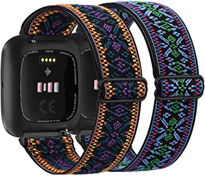 2 Pack Adjustable Elastic Bands Compatible for Fitbit Versa/Versa 2/Versa Lite/Versa SE, Soft Stretchy Nylon Wristband Strap Replacement for Fitbit Versa Smart Watch Women Men