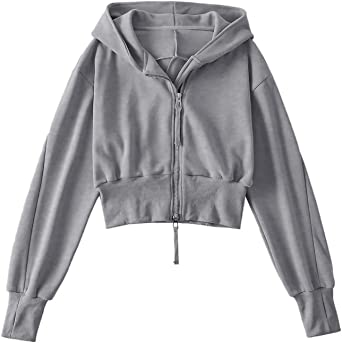 COZYPOIN Women's Cropped Hoodie Double Zipper Long Sleeve Workout Sweatshirt Crop Tops