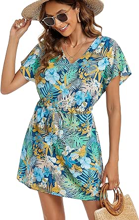 Bluetime Women Casual Sexy Swim Cover up V-Neck Summer Beachwear Coverups Flowy Short Sleeve Mini Beach Dress (XS-XXL)