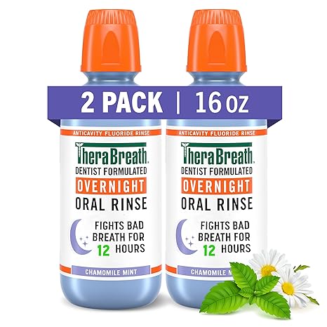 TheraBreath Overnight Mouthwash, Fights Bad Breath for 12 Hours, Chamomile Mint Flavor, Dentist Formulated, Fluoride Rinse, Alcohol Free, 16 fl oz (Pack of 2)