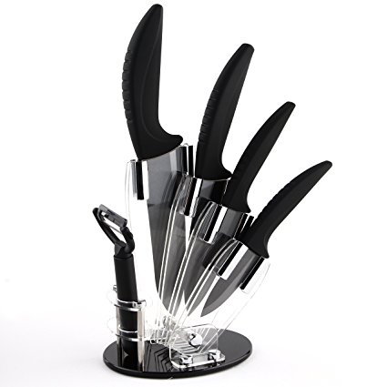 Deik 6 in 1 Kitchen Ceramic Cutlery Knife Set, 4 Ultra Sharp Durable Knives, a Peeler and Block