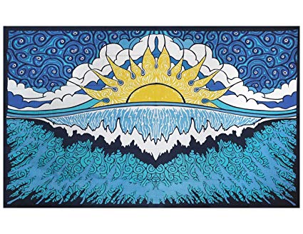 Sunshine Joy Sun Wave Surf Tapestry Tablecloth Beach Sheet Wall Art 60x 90 Inches - Glow In The Dark - INCLUDES FREE STICKER