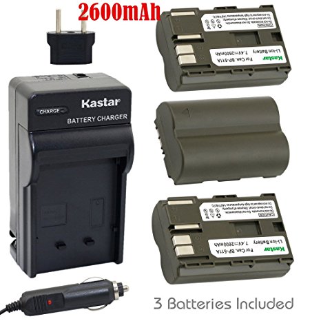 Kastar Battery (3-Pack) and Charger Kit for Canon BP-511, BP-511A work with Canon EOS 5D, 10D, 20D, 20Da, 30D, 40D, 50D, 300D, D30, D60, Rebel, PowerShot G1, G2, G3, G3X, G5, G6, Pro 1, Pro 90, Pro 90 IS, FV10, FV100, FV2, FV20, FV200, FV30, FV300, FV40, FV400, FV50, FVM1, FVM10, Optura 10, Optura 100MC, Optura 20, Optura 200MC, Optura 50MC, Optura Pi, Optura Xi, PV130, ZR10, ZR20, ZR25, ZR25MC, ZR30, ZR30MC, ZR40, ZR45MC, ZR50MC, ZR60, ZR65MC, ZR70MC, ZR80, ZR85, ZR90