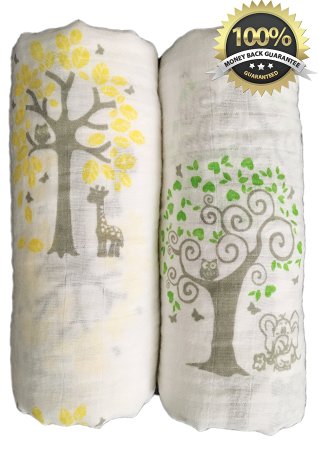 NEW ARRIVAL - Muslin Swaddle Blankets 2 Pack - Seben Baby - 100% Cotton - 47 inch x 47 inch Large Softest Muslin Receiving Blankets - Tree and Animals - Unisex for Boys or Girls