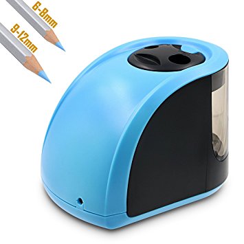 Hipiwe Electric Pencil Sharpener with 2 Sizes of Holes - Automatic Sacapuntas for 6-8 mm and 9-12mm Pencils, Portable Battery-Powered, Carbon Steel Cutting, 2 Extra Replacement Blades Included (Blue)