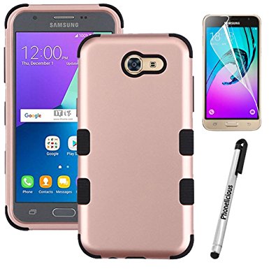 J3 EMERGE Case, Phonelicious SAMSUNG GALAXY J3 EMERGE [Heavy Duty] [Shock Absorption] [Drop Protection] [Hybrid] Rugged Impact Phone Tuff Cover   Screen Protector & Stylus (ROSEGOLD BLACK)