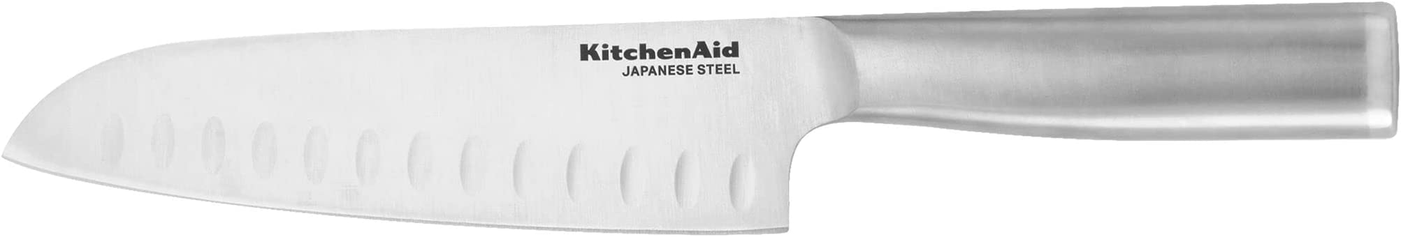 KitchenAid Gourmet Forged Stainless Steel Santoku Knife with Blade Cover, Sharp Kitchen Knife, High-Carbon Japanese Stainless Steel, 7 Inch, Brushed Stainless Steel