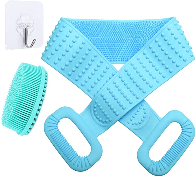 ME.FAN Silicone Bath Body Brush [35.5In] & Silicone Loofah Bath Brush with 1 Hook - Extra Long Back Scrubber for Shower - Exfoliating Brush for Men and Women - Blue