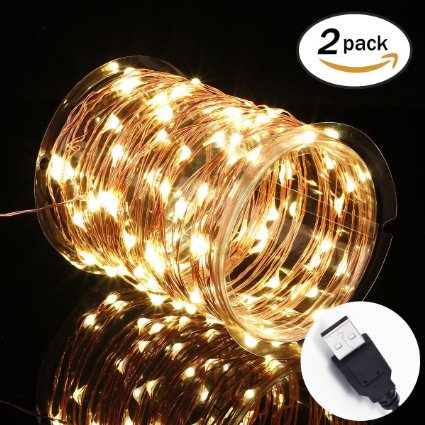 Innotree 2 Pack USB LED Fairy Starry String Lights Warm White, Waterproof Decorative Rope Lights for Indoor Bedroom Party Wedding Commercial Lighting [33Ft Copper Wire, 100 LED Bulbs]