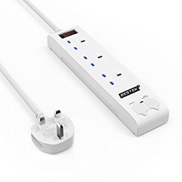 BESTEK 3-Gang Extension Lead Plug with 4 USB Charging Ports Overload Switch 1.8M Cord - White