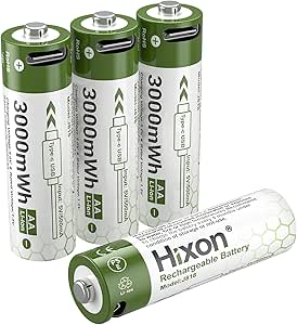 Hixon 1.5V USB Rechargeable Lithium Batteries AA Size,3000mWh Double AA Rechargeable Battery,Charges 1.5 Hours, Over 1000 Cycles, 4-in-1 USB-A to USB-C Charging Cable, LED Charge Indicator, 4-Pack