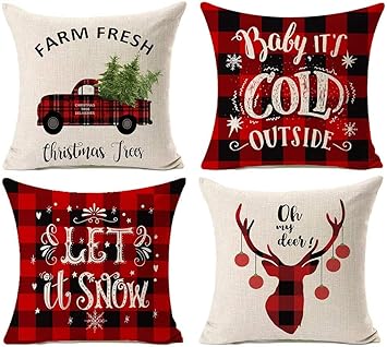 ALINK Christmas Pillow Covers Decorations 18x18 Inches Set of 4 Pillow Cases for Sofa Couch, Cushion Cover Case-Winter Deer, Christmas Tree, Wreath(Insert are not Included)