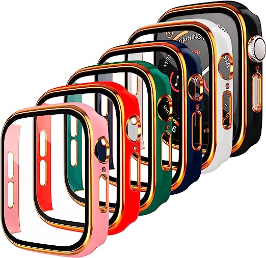 [6-Pack] Hard PC Case for Apple Watch 41mm Case with Screen Protector Tempered Glass, Overall Protective Case for Men Women GPS iWatch Series 8 Series 7 Accessories, Gold Assorted