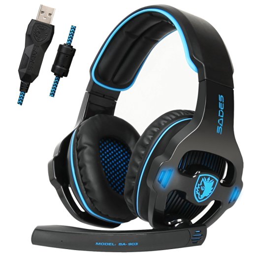 2016 Newest Version SA903 PC USB 7.1 Surround Sound Stereo Gaming Headset Headphones with Mic, Over Ear, Black Blue, Noise Reduction, Volume Control, LED Light For Computer Gamers