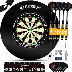 KESSER® Dartscheibe kork mit 9 Dartpfeile Professional Dartboard   21 Pro Flights   Zubehör Steeldart Offizielles Dartscheibe 9 Pfeilen Metallspitze Profi Steeldartscheibe - Dartboard inkl. Montageset