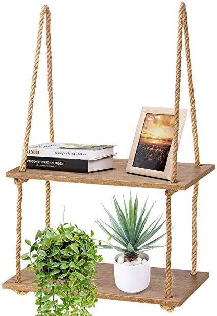 Magicfly Brown Rope Hanging Wall, 2 Tiers Wood Window Shelf for Plant, Decorative Wooden Swing Floating Shelves Rack