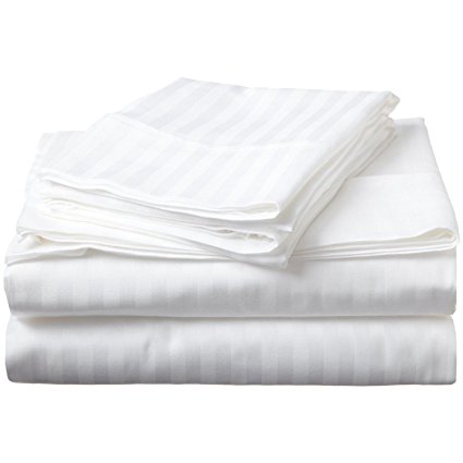 Twin XL Striped Sheet Set 300-Thread 100% Premium Long-Staple Combed Cotton Deep Pocket, White