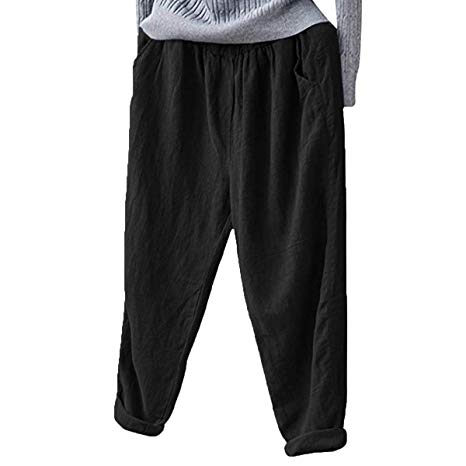 Helisopus Women's Elastic Waist Casual Relaxed Loose Fit Cotton Linen Pants Harem Trousers Cropped Pants