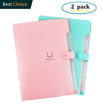Expanding File Folder 5 Pockets Accordion Document Organizer, Plastic Expandable File Jackets for School and Office, A4 Letter Size 2 Pack(Pink Green)
